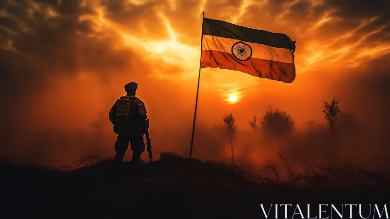 Indian soldier silhouette beside flag at intense sunset.