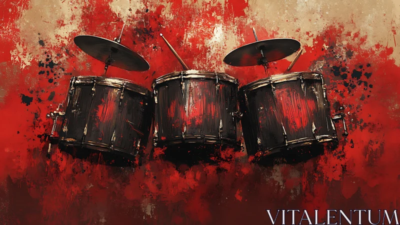 Drum trio emerges from abstract red splatter storm.