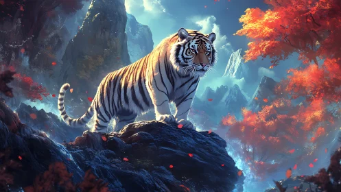 Tiger stands on rocky outcrop within stylized mountain forest