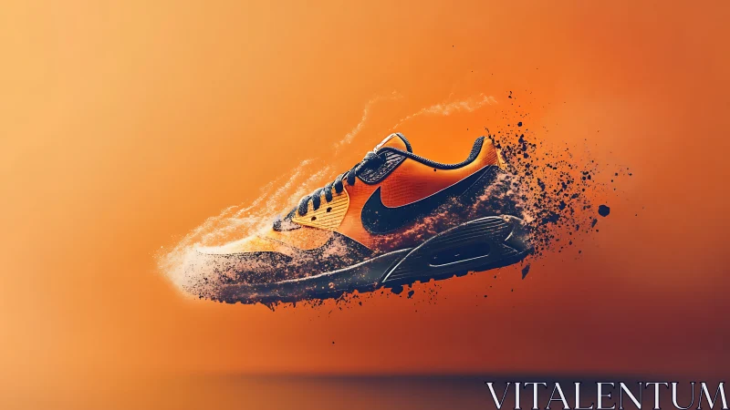 Explosive orange sneaker dissolving into motion-charged dust.