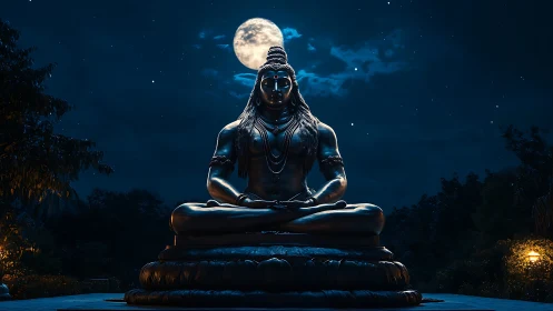 Lunar backlit Shiva statue in meditative axial symmetry.