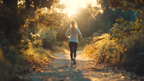 Backlit runner on forest path rendered in warm photoreal light