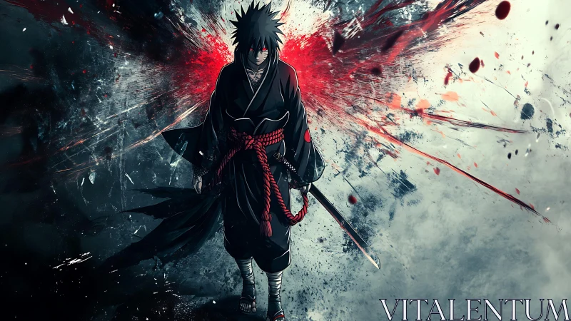 Dark anime swordsman framed by explosive red energy.