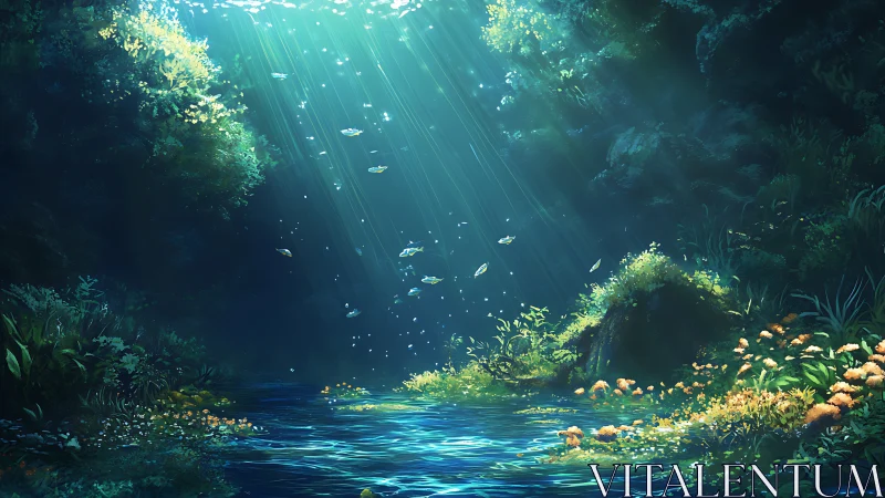 Sunlit forest pool with foliage and suspended particles.