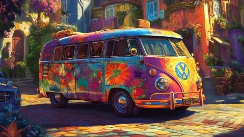 Floral van is parked on a cobblestone street in sunlight