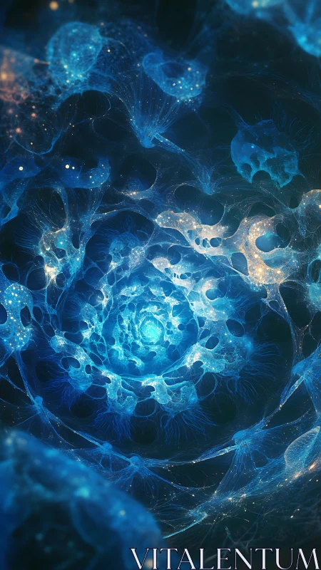 Spiraling blue cosmic web glows like a living galaxy heart