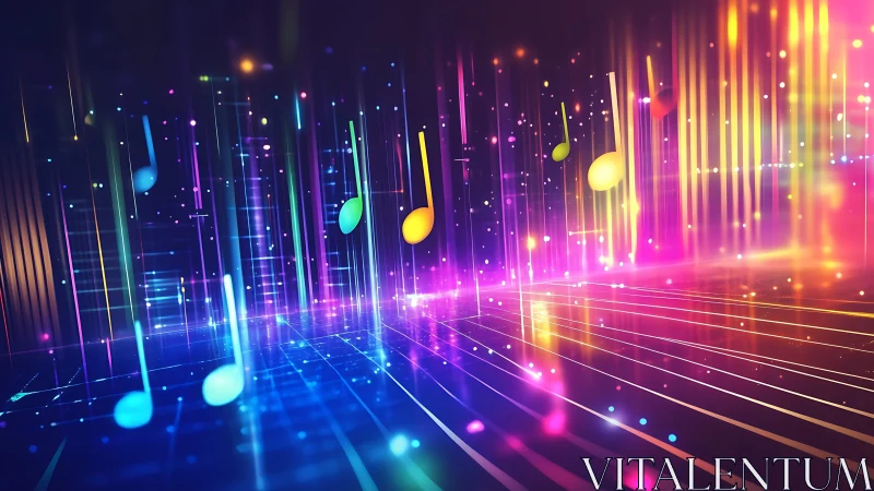 Neon music notes pulse through a radiant digital soundscape.