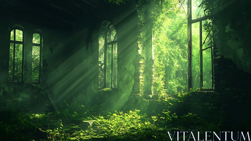 Sunlit overgrown interior of abandoned stone building ruins.