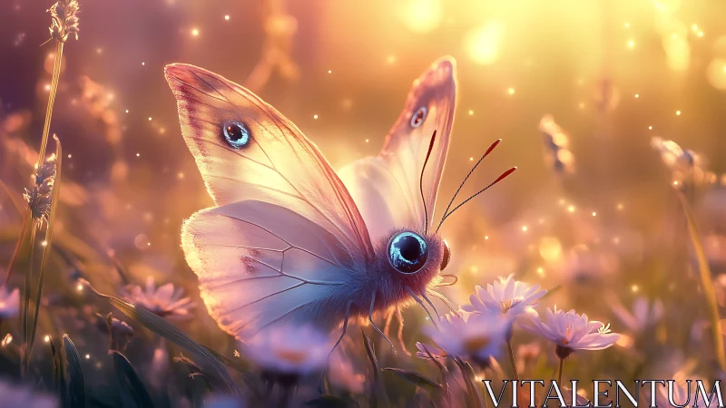 Luminous macro butterfly with glowing bokeh in sunset meadow.