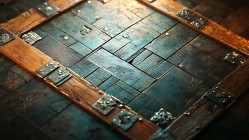 Weathered wooden door with metal braces and riveted plates.