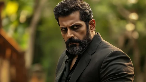 Intense bearded man in dark suit stares into camera outdoors