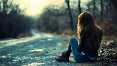 Pensive young woman sits alone on a deserted rural road, moody style.