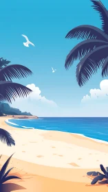 Tropical Shoreline Paradise with Swaying Palms.