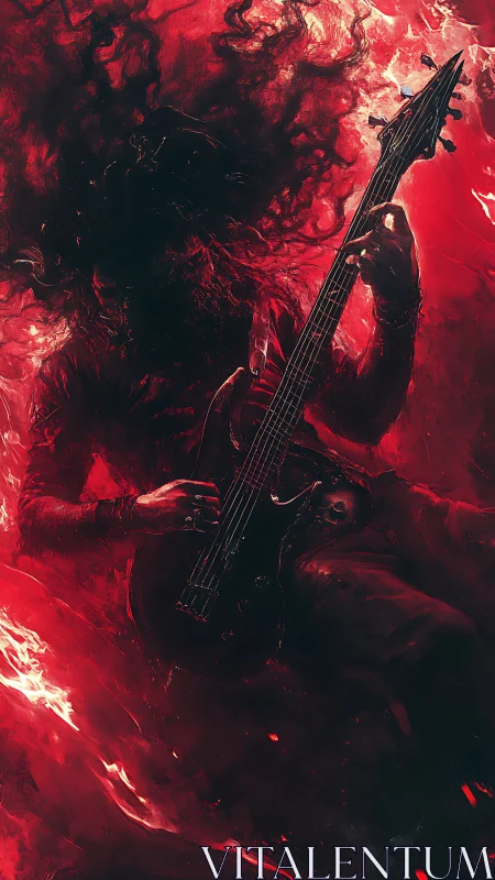 Infernal metal guitarist engulfed in swirling crimson flames.