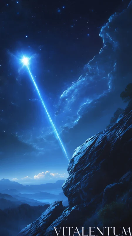 Astrophysical energy beam intersecting nocturnal cliff face.