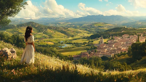 Sunlit girl overlooks a dream-bright Tuscan hilltop town.