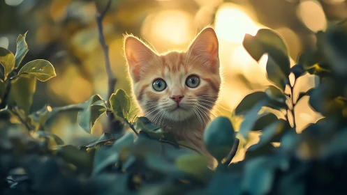 Feline Portrait Amidst Verdant Foliage: Luminous Digital Rendering.