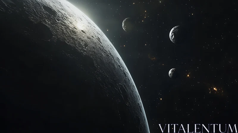 Rocky planet limb with multiple moons in deep space.