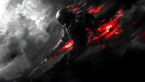 Dark armored warrior wreathed in red energy on black field.