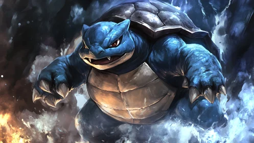 Blastoise charging through swirling elemental waterstorm.