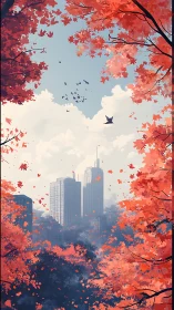 Scarlet canopy crowns a quiet city skyline in soft hush.