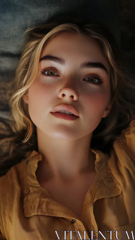 Cinematic close up portrait of young woman in ochre blouse