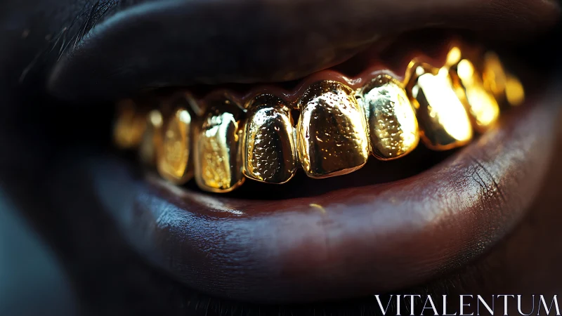 Golden dental grill gleams in extreme close-up portrait.