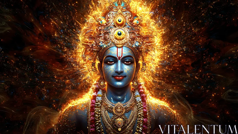 Divine blue-skinned deity portrait with radiant fiery halo