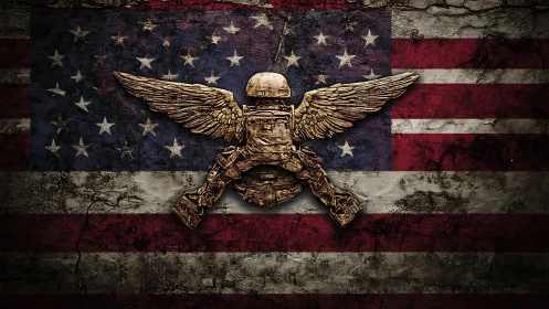 Winged soldier emblem over weathered American flag wall.