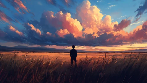 Solitary figure under blazing sunset storm clouds.