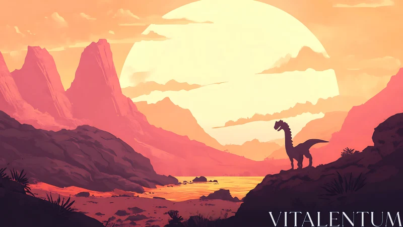 Dinosaur silhouette in orange sunset valley landscape.