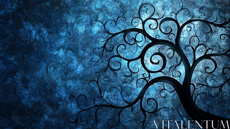 Curvilinear arboreal silhouette over textured cobalt field.