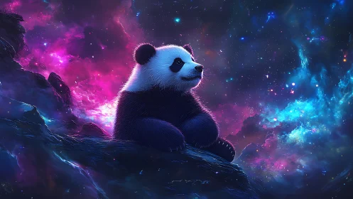 Digital panda illustration is positioned against nebula sky
