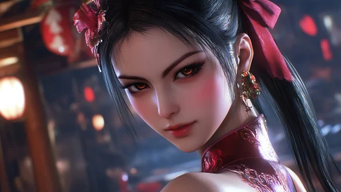 Elegant warrior girl with crimson eyes in neon tavern