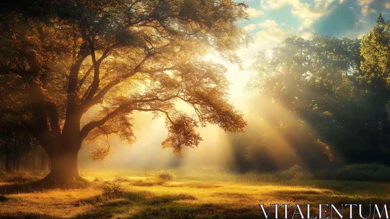 Sunlit elder oak cradling a golden, dream-bright clearing.