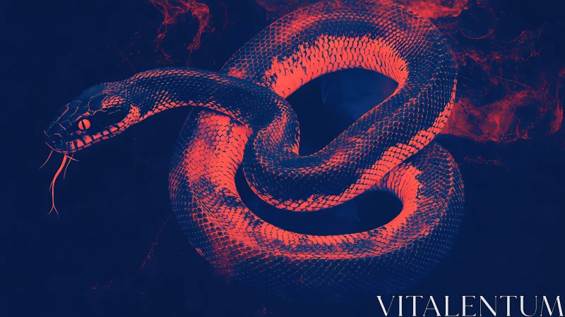 Coiled serpent glows in bold neon red against deep night tones