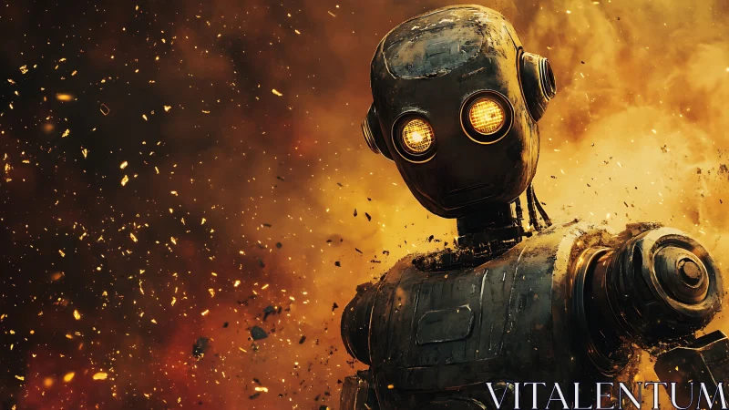 Battle-scarred robot stands amid blazing sparks and smoke