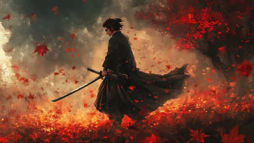 Lone samurai walks through burning autumn leaves in silence