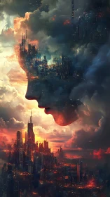 Neon cityscape dissolves into a contemplative human profile.