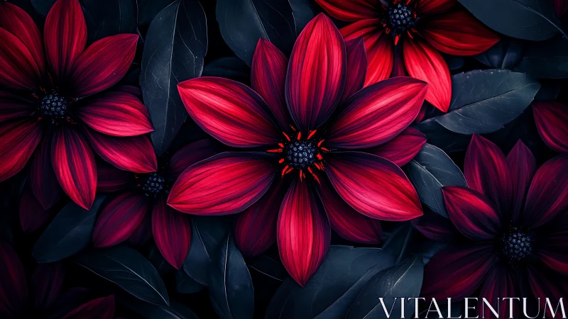 Crimson Dahlias with Deep Navy Foliage and Ornamental Dark Centers.