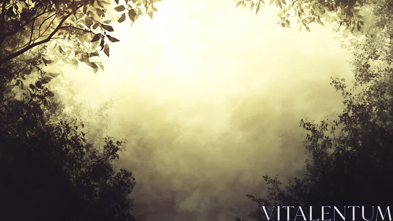 Tree silhouettes framing soft glowing sky opening.