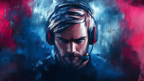 Focused esports gamer stares intensely in neon light