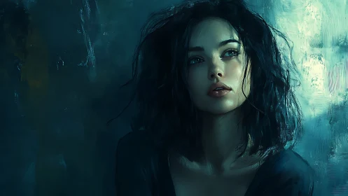 Stormlit daydreamer in teal shadows and quiet questions.