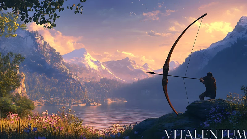 Solitary archer draws bow beside tranquil alpine lake at dusk