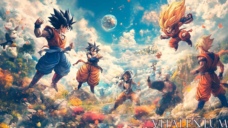 Dynamic anime battle composition unifying multiple warriors