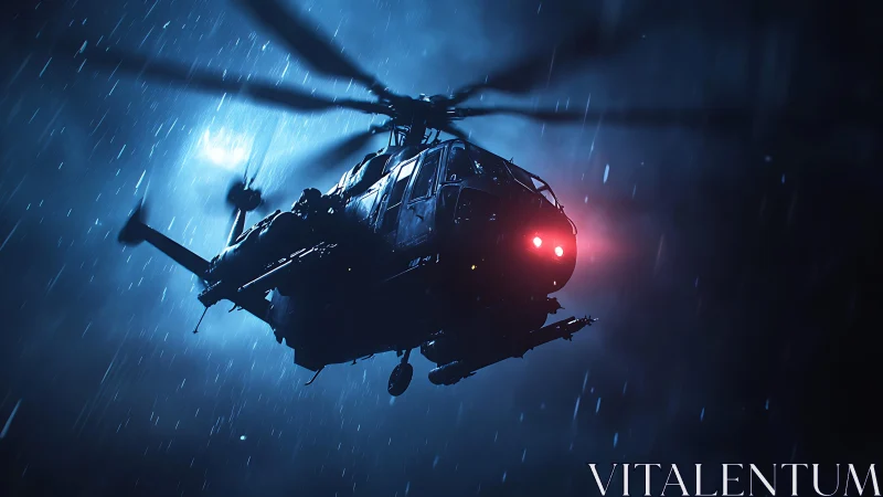 Tactical helicopter cuts through rain-soaked night with red nav lights