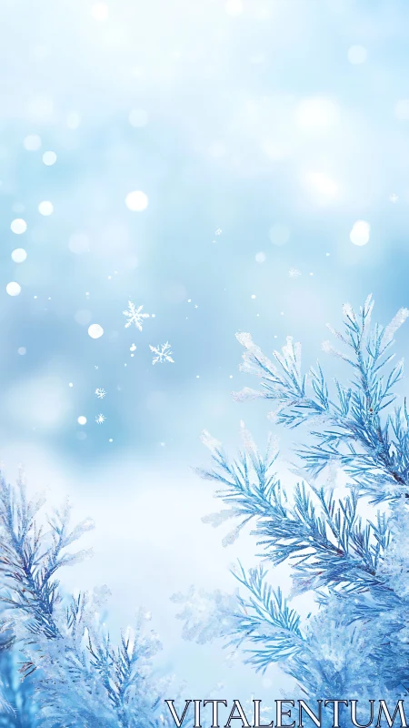 Frosted winter branches glow softly in pale blue light.