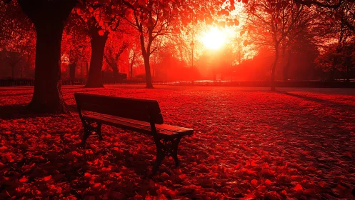 Park bench under trees in intense red sunset lighting.