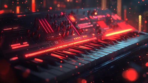 Futuristic synthesizer keyboard in neon red cybernetic glow.