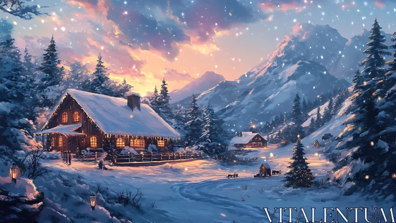 Snow-covered cabins stand in a mountainous forest landscape